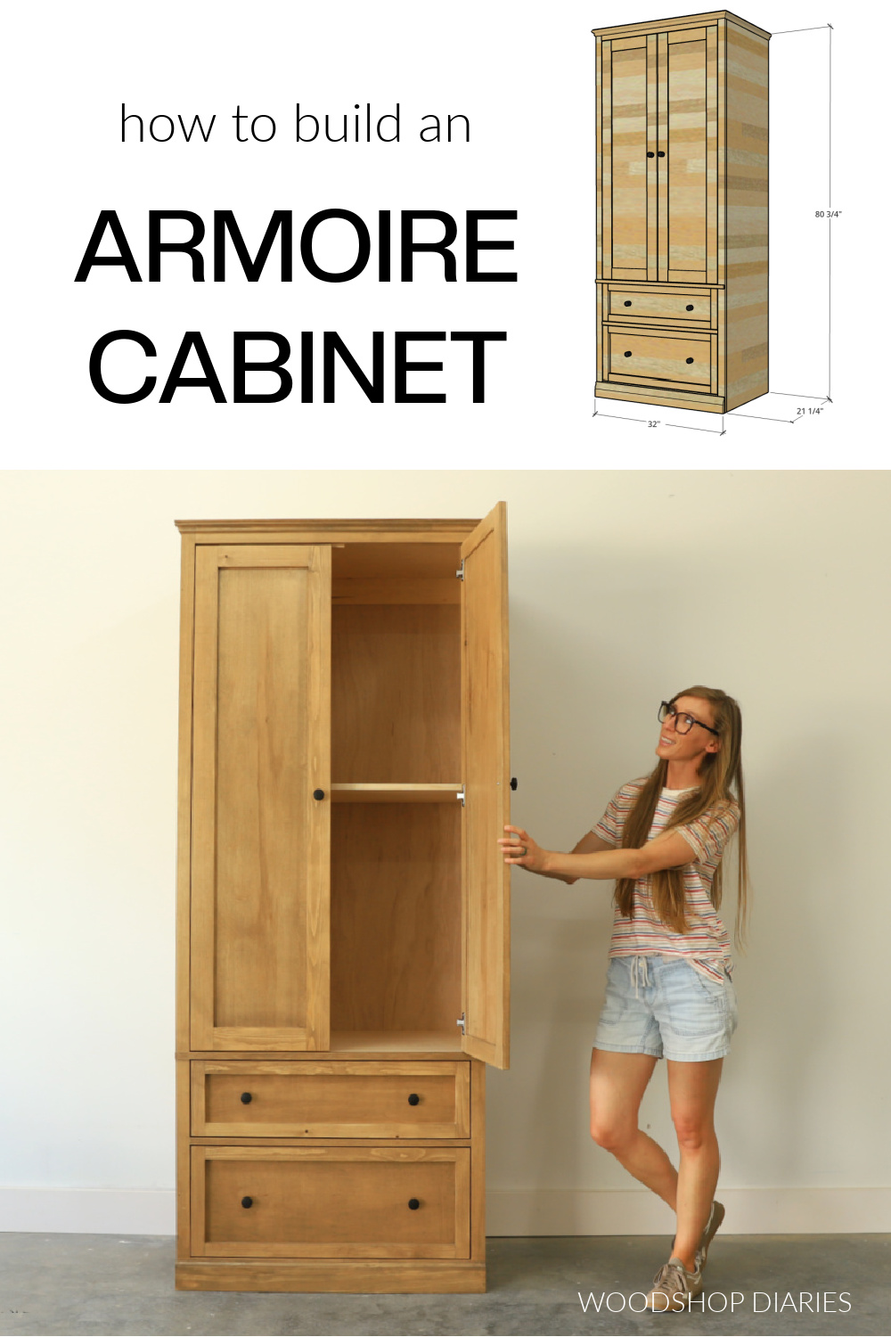 Pinterest collage image showing completed armoire at bottom with text "how to build an armoire cabinet"