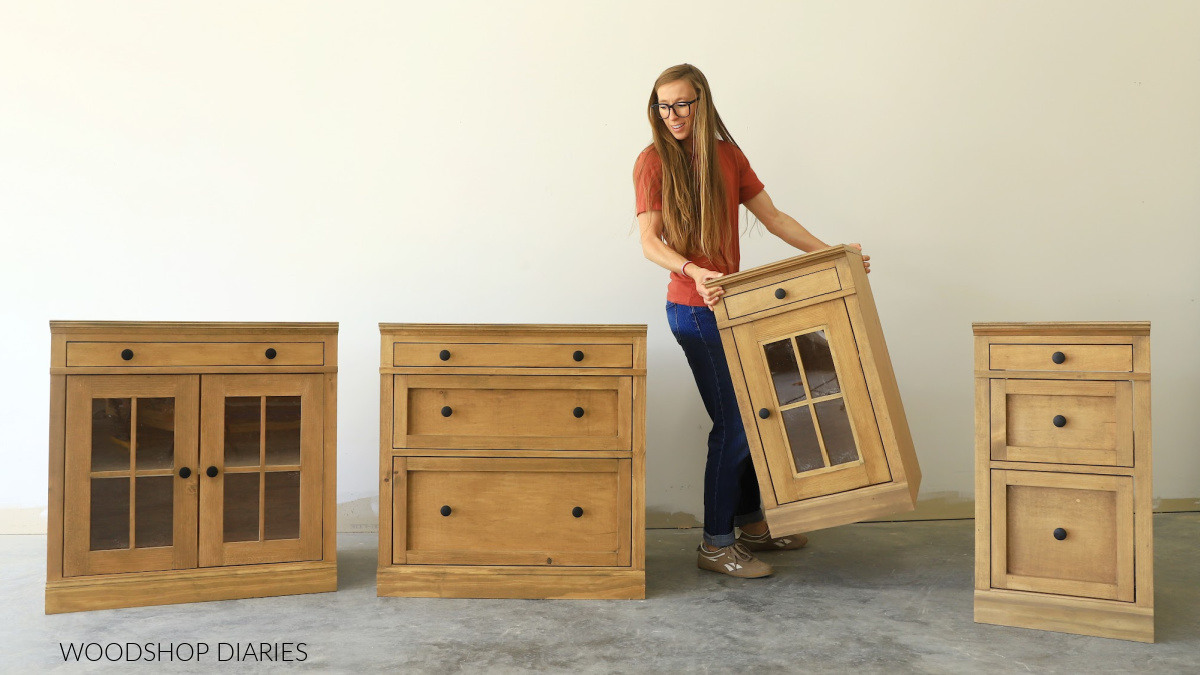 Shara Woodshop Diaries with 4 styles of modular DIY base cabinets in workshop
