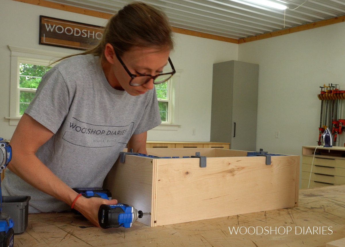 Shara Woodshop Diaries assembling large drawer box on workbench
