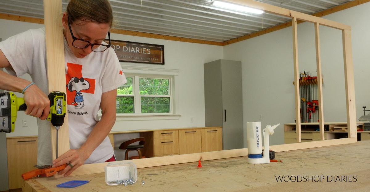 Shara Woodshop Diaries assembling face frame on workbench with pocket holes