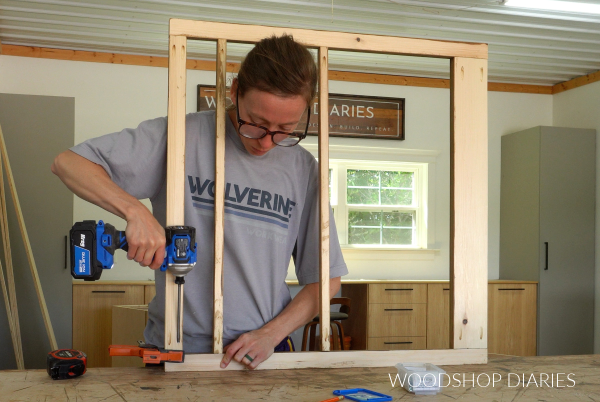 Shara Woodshop Diaries assembling face frame on workbench using pocket holes