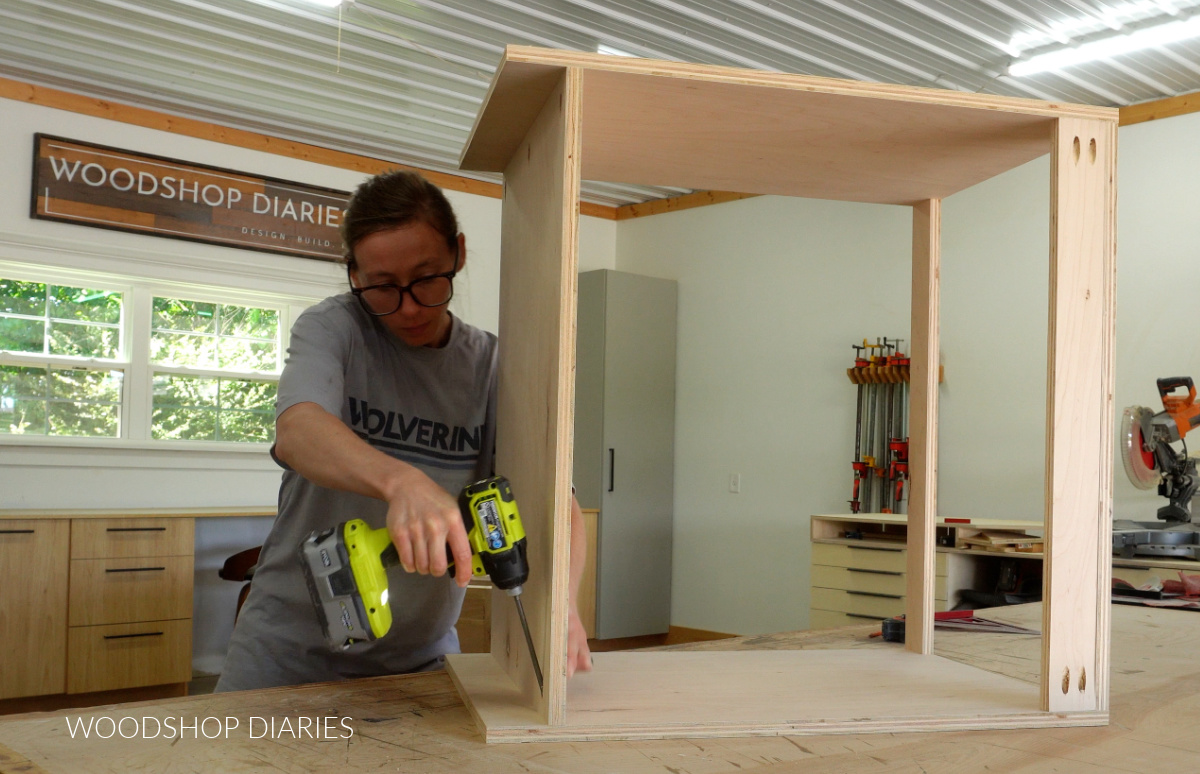 Shara Woodshop Diaries assembling cabinet box on workbench