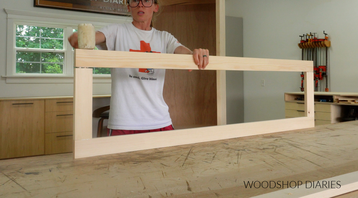 Shara Woodshop Diaries assembling door frame using wood glue and dowels