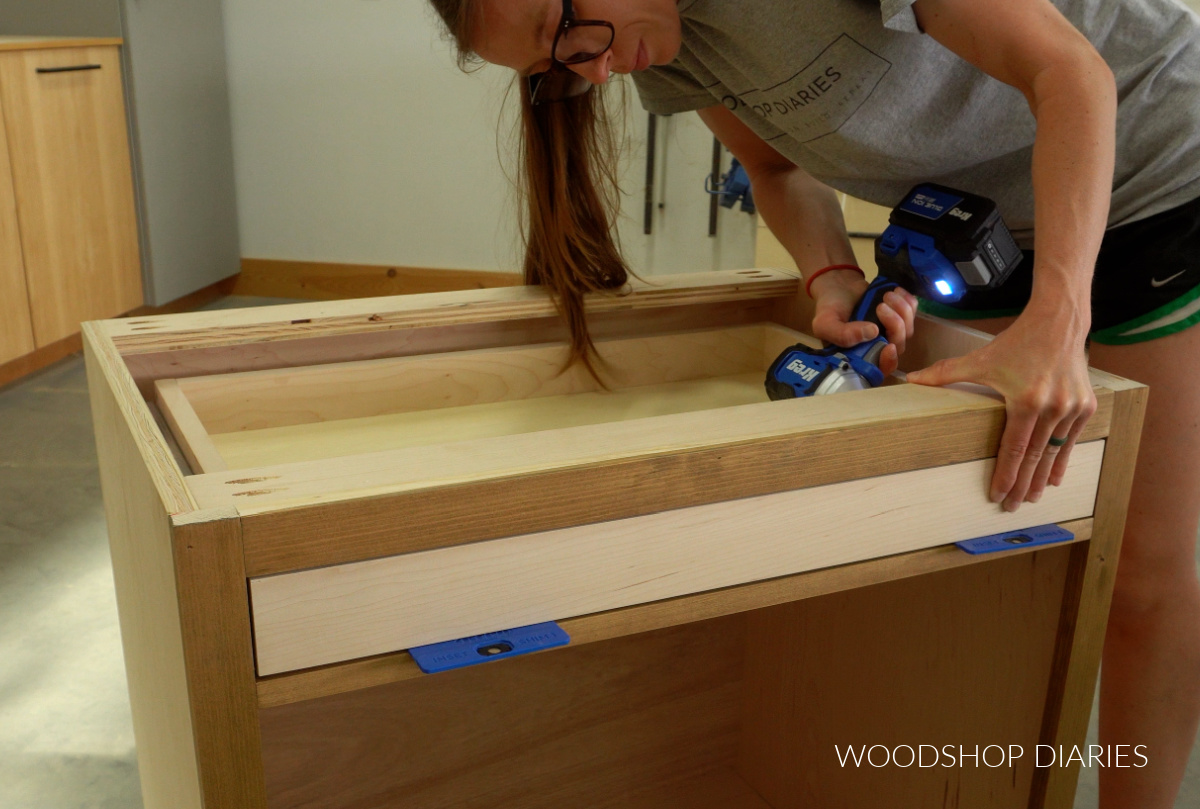 Shara Woodshop Diaries installing drawer front onto drawer box