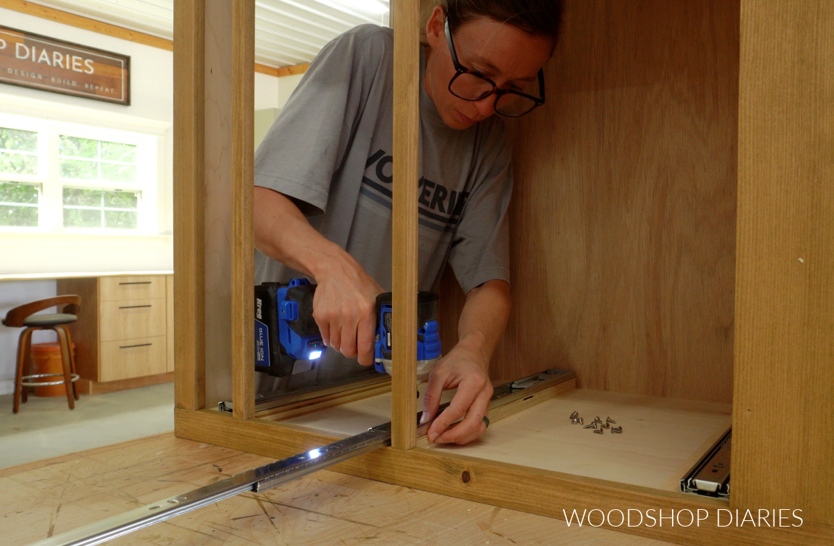 Shara Woodshop Diaries installing drawer slides into 3 drawer cabinet box