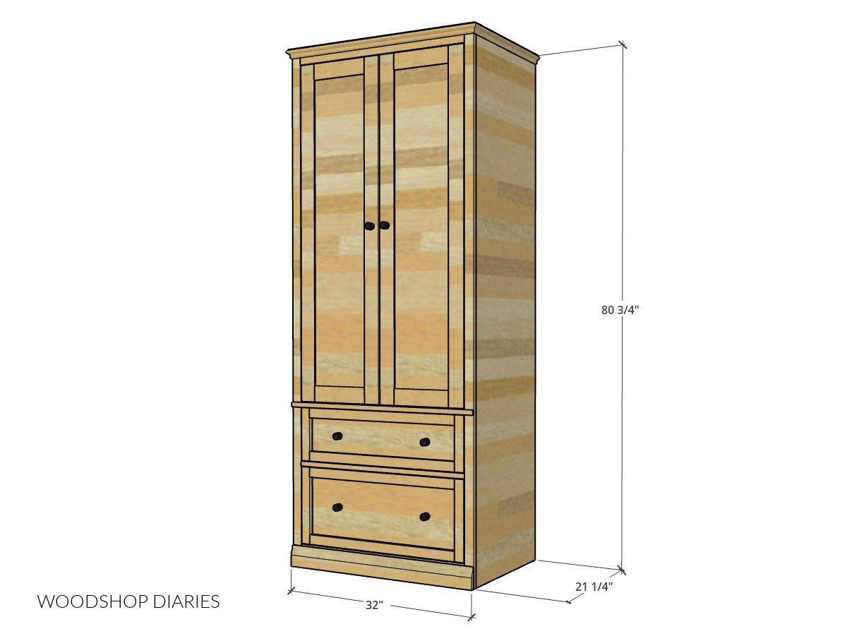 Dimensional diagram of armoire cabinet