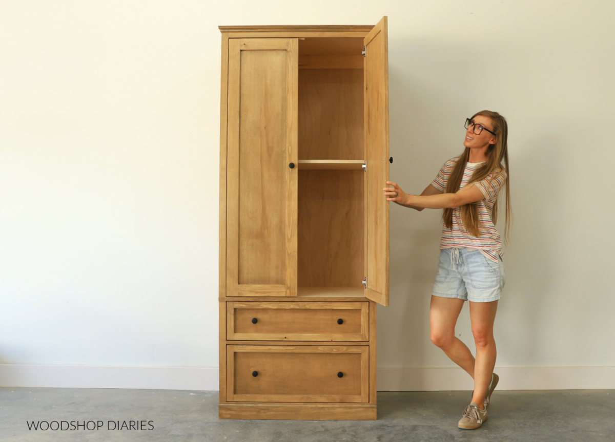 Shara Woodshop Diaries opening door on tall armoire wardrobe cabinet with two large bottom drawers