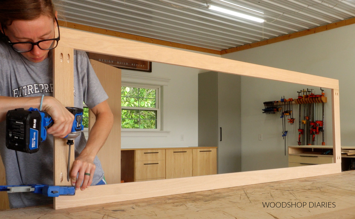 Shara Woodshop Diaries assembling face frame using pocket holes and screws on workbench