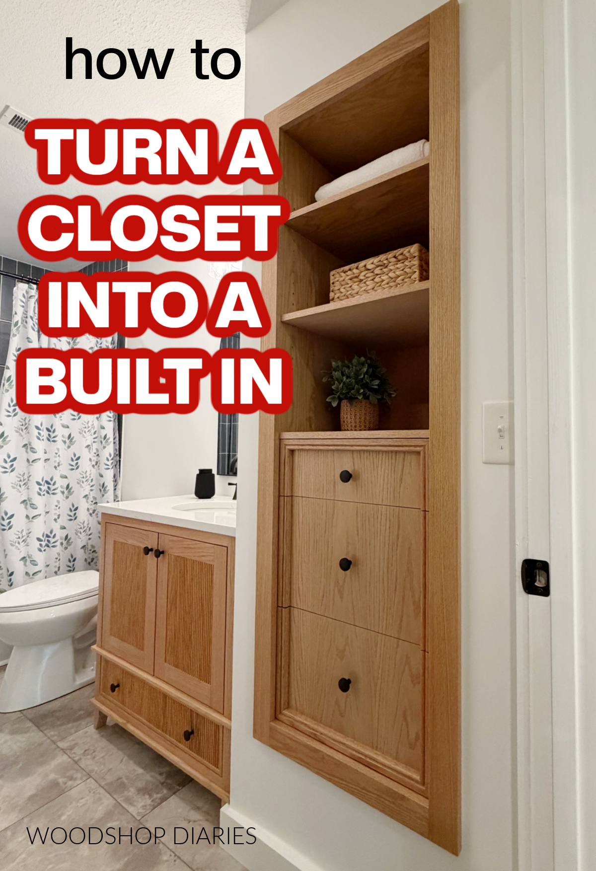 Pinterest image showing built in cabinet where closet used to be with text "how to turn a closet into a built in"