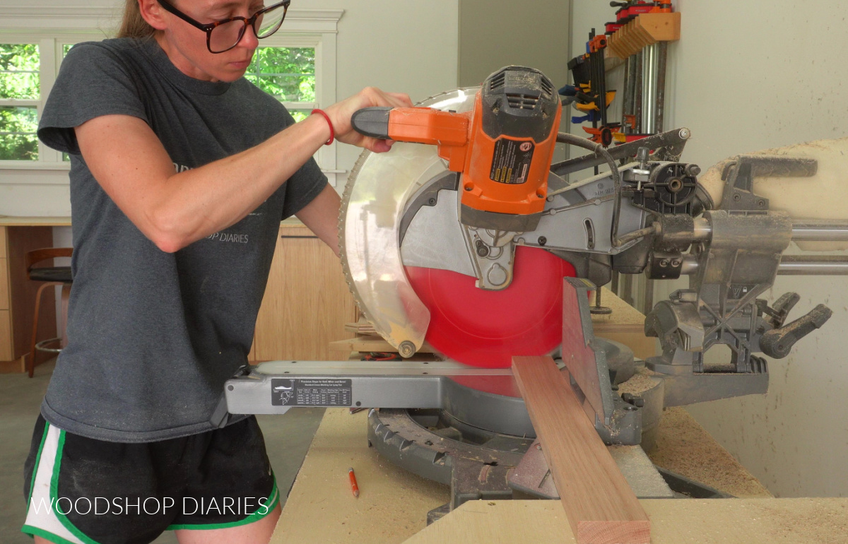 Shara Woodshop Diaries cutting 1x3 board on miter saw