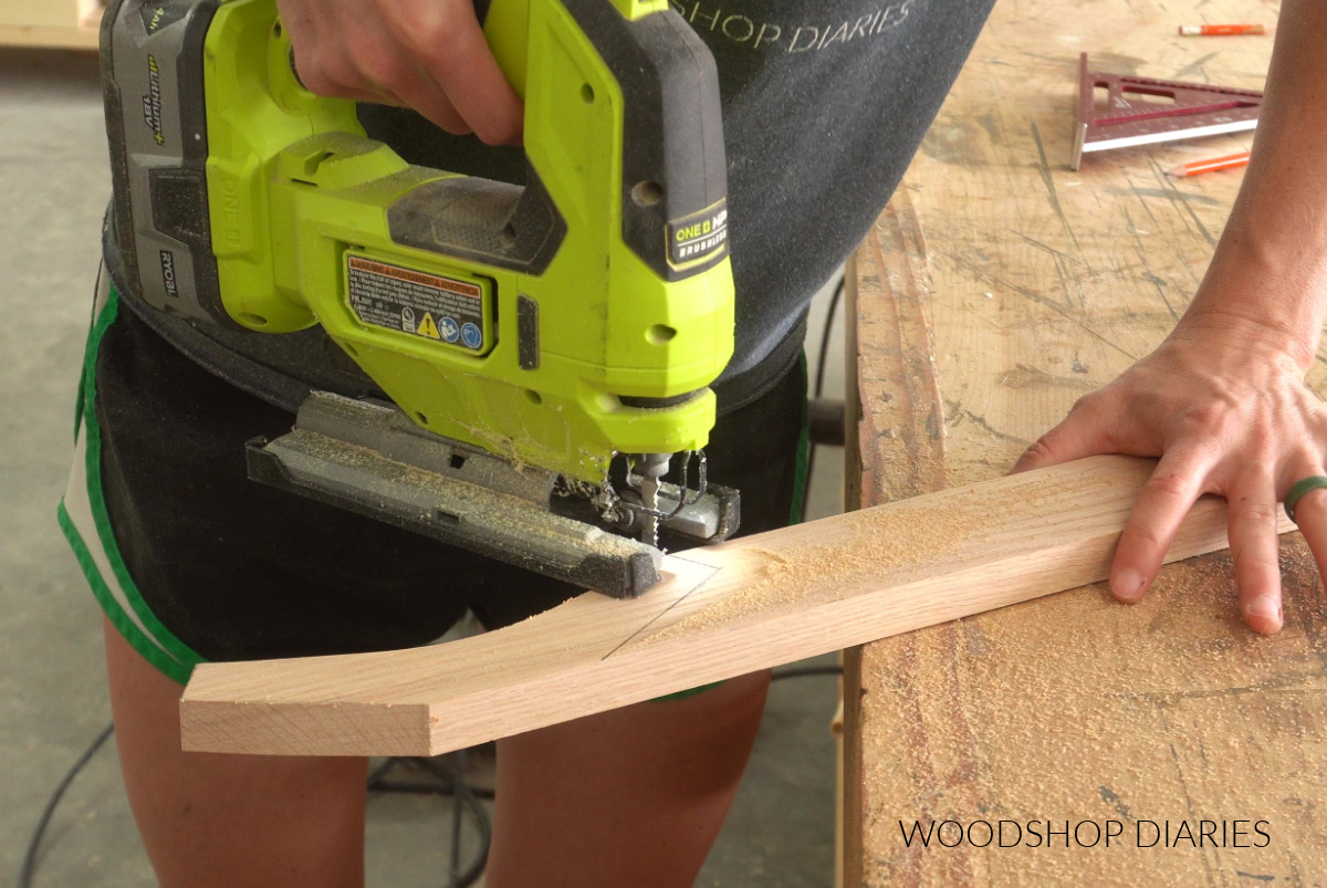 Shara Woodshop Diaries cutting towel hook from 1x3 board using a jig saw