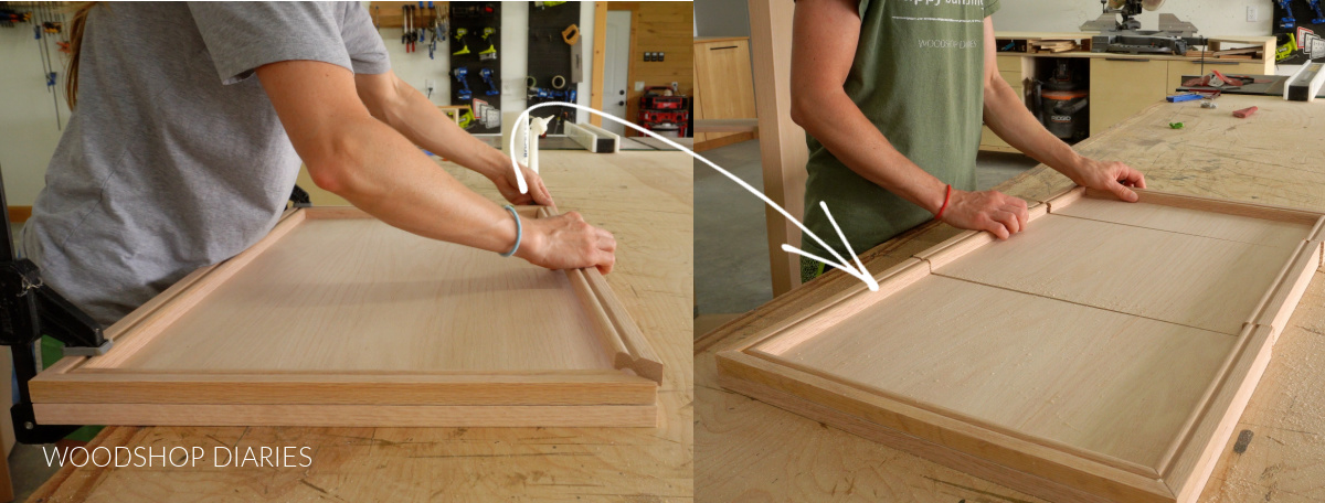 Collage image showing gluing trim pieces onto front of plywood panel on left and that panel cut into three pieces on the right