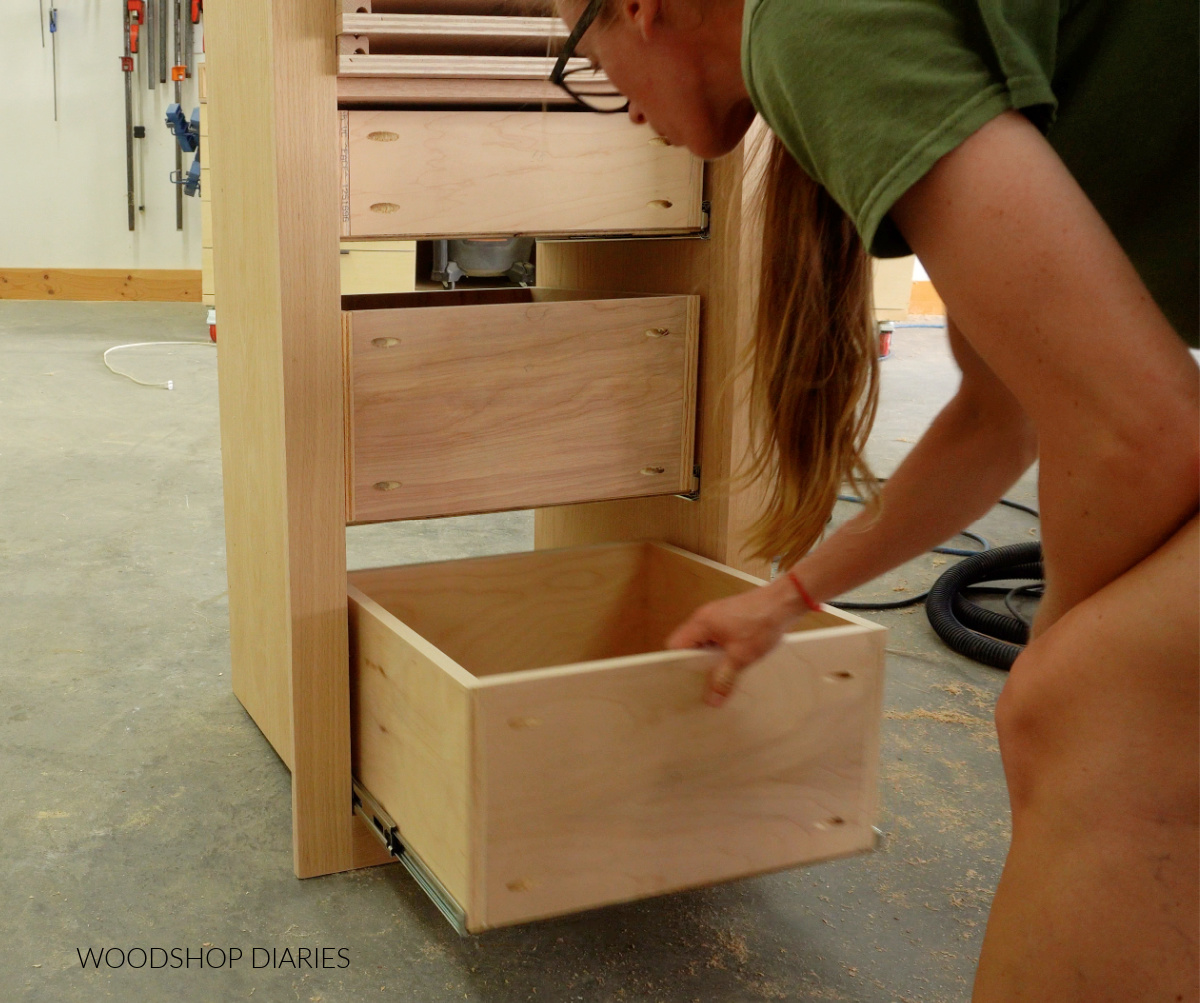 Shara Woodshop Diaries installing drawer boxes into built in bathroom closet cabinet