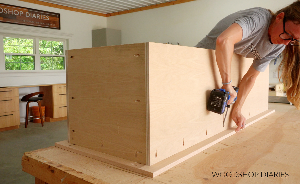 Shara Woodshop Diaries securing face frame to front of cabinet with pocket hole screws