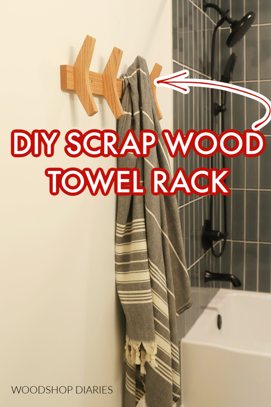 Pinterest image showing towel rack with grey towel and text "DIY scrap wood towel rack"