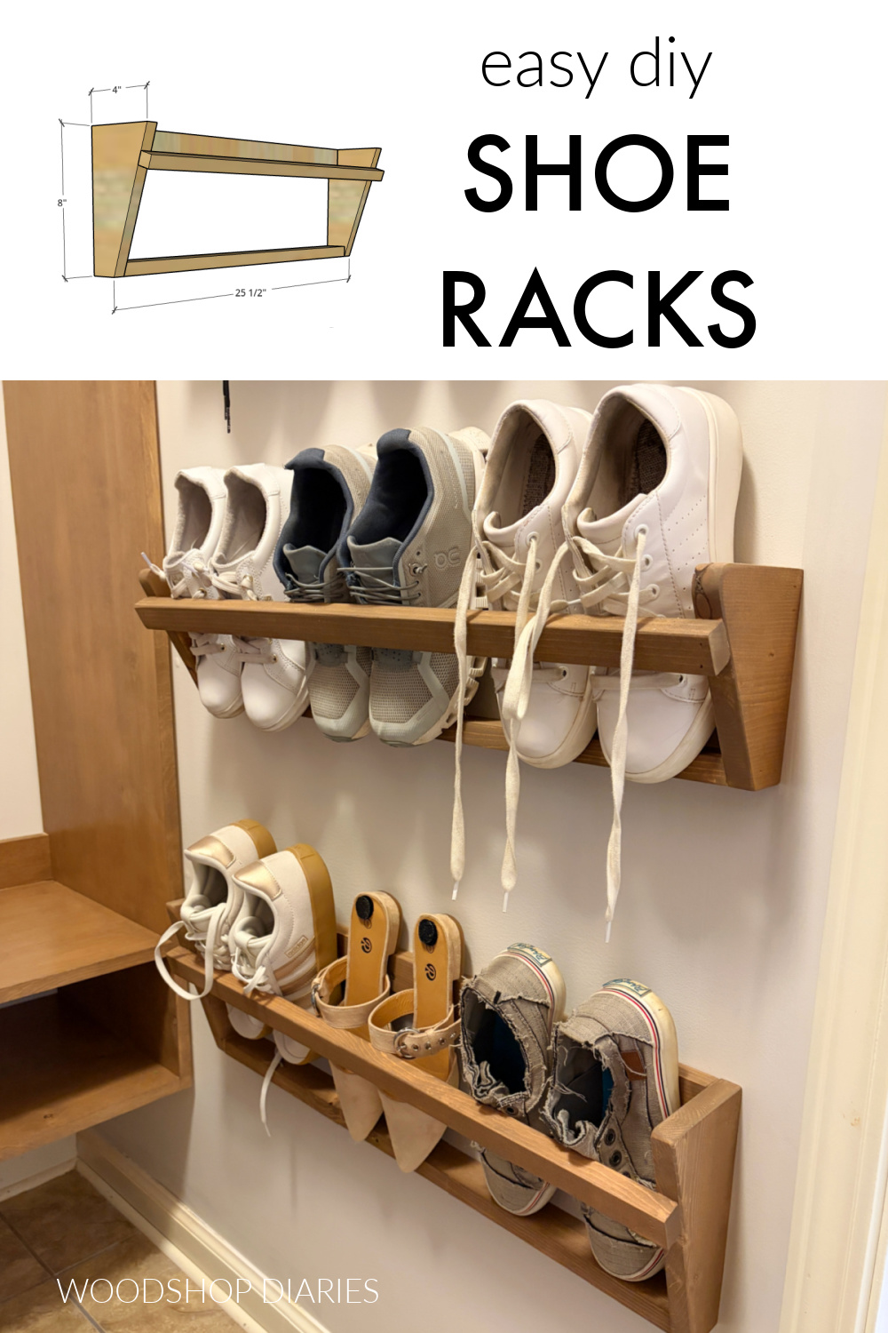 Pinterest collage image showing shoe racks installed on wall in bottom and dimensional diagram of shoe rack on top with text "easy DIY shoe racks"