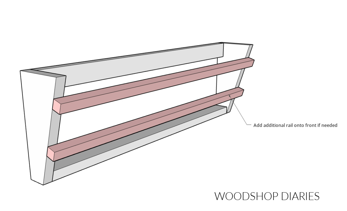 Diagram showing second rail installed on front of shoe rack