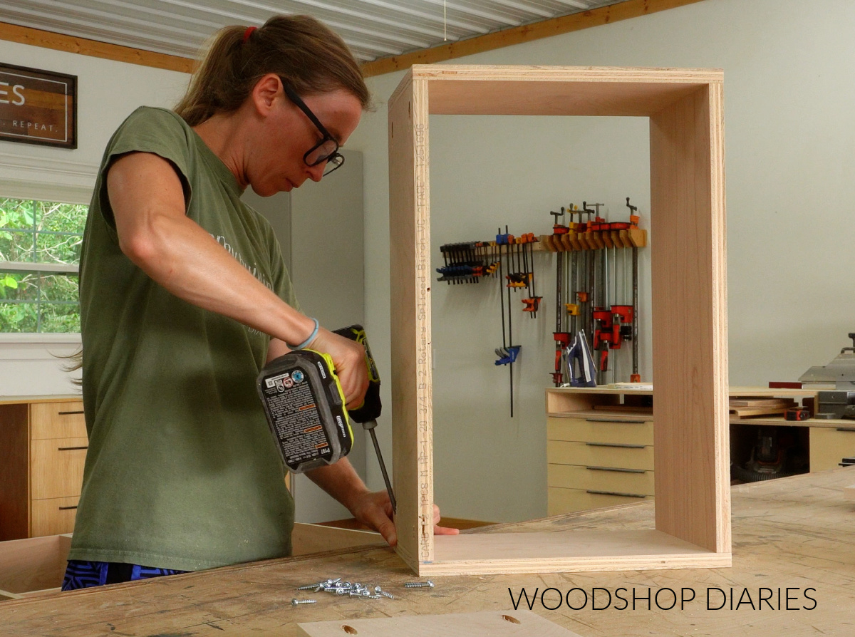 Shara Woodshop Diaries assembling drawer box on workbench with pocket hole screws