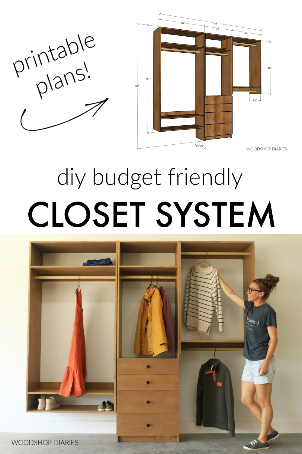 Pinterest collage image showing Shara Woodshop Diaries with budget friendly closet system at bottom and dimensional diagram at top with text "DIY budget friendly closet system"