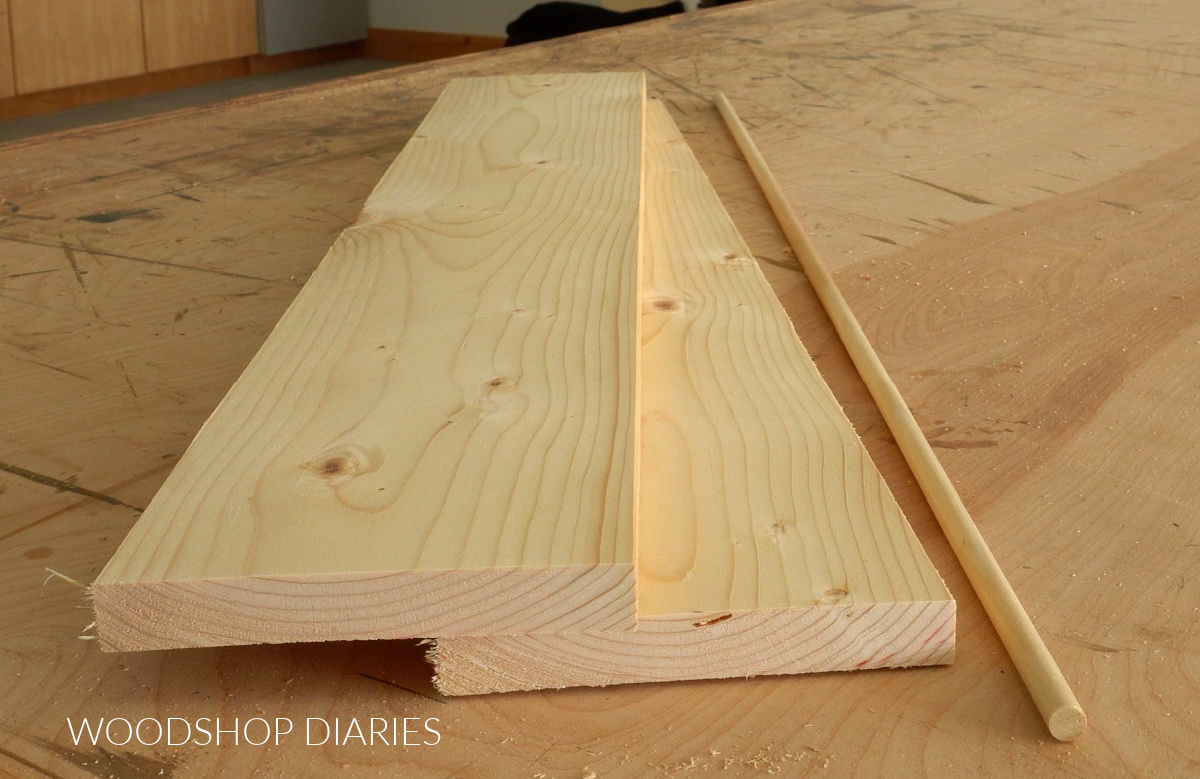 scrap 1x6s and a ⅜" dowel on workbench
