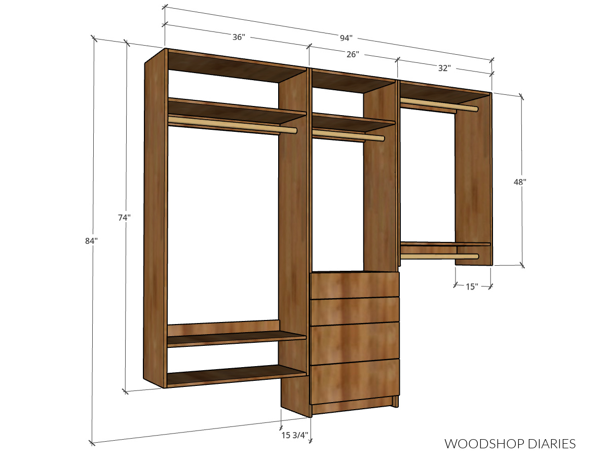 Overall dimensional diagram of closet cabinet system with drawers, hanging rods and shelves