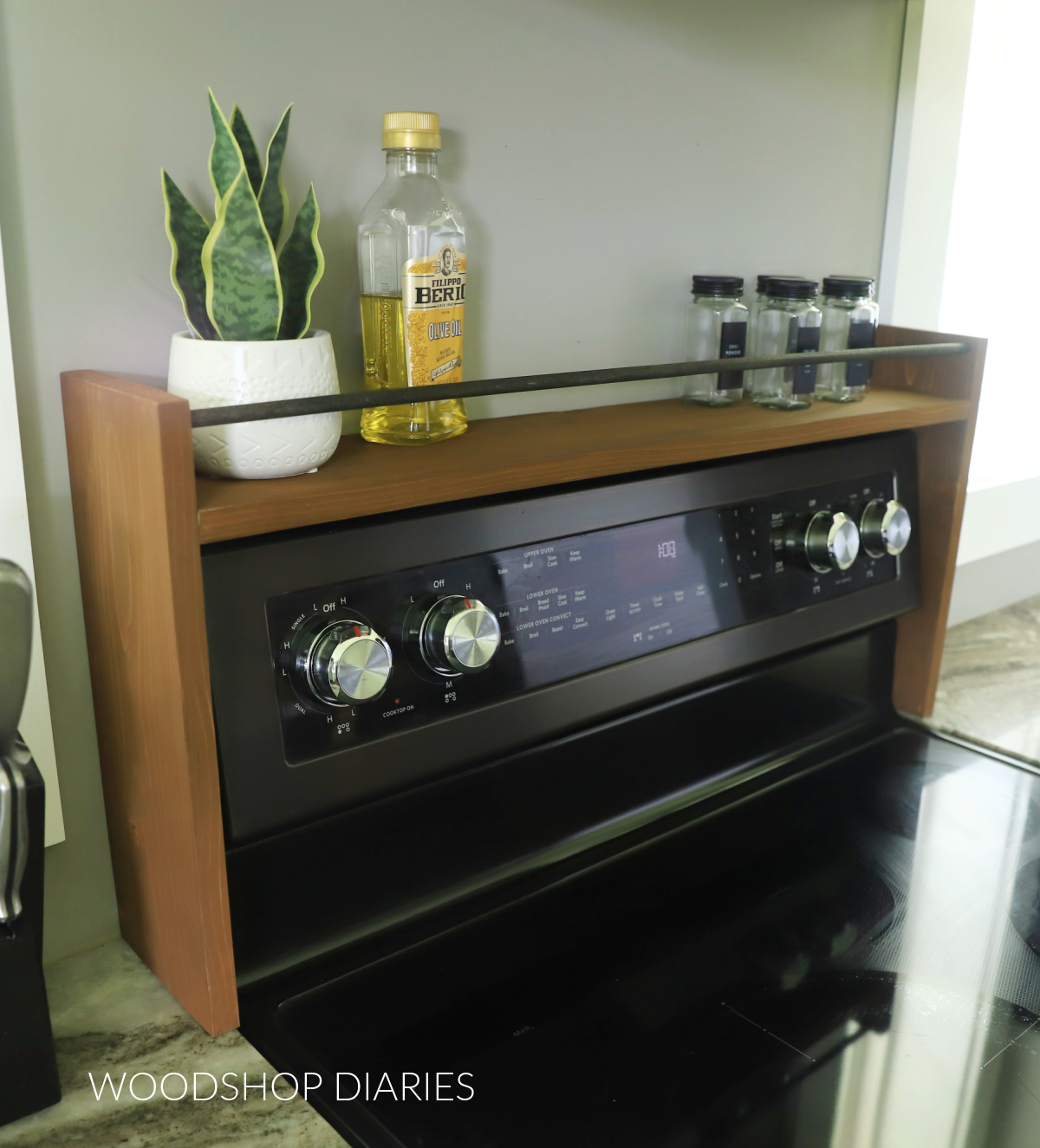 DIY scrap wood shelf surrounding stove range