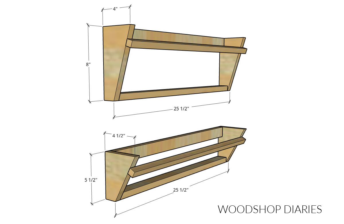 Dimensional diagram of wall mounted shoe racks: 2 sizes
