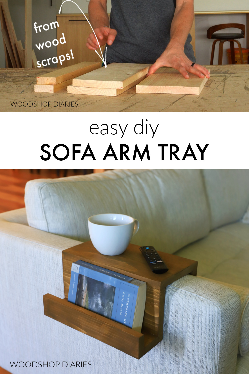 Pinterest collage image with text "easy DIY sofa arm tray from wood scraps"
