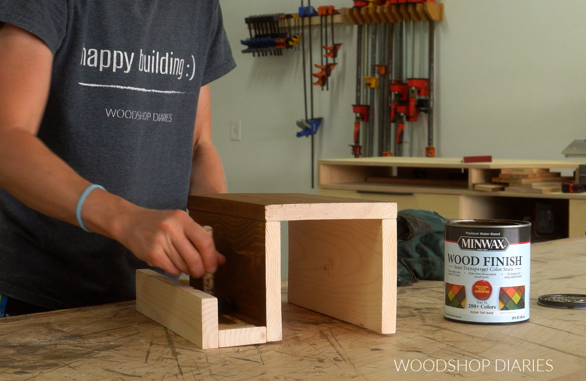 Shara Woodshop Diaries staining scrap wood sofa arm tray