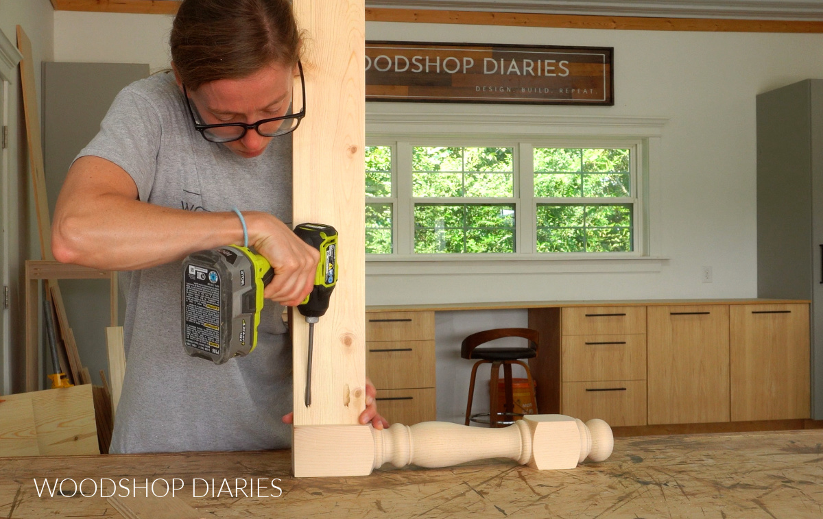 Shara Woodshop Diaries installing table aprons to turned legs using pocket hole screws in workshop