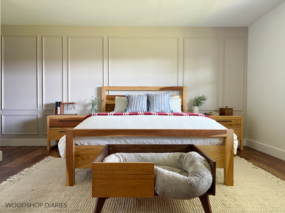 modern bedroom with picture frame molding painted BEHR Wheat Bread and BEHR Whisper White