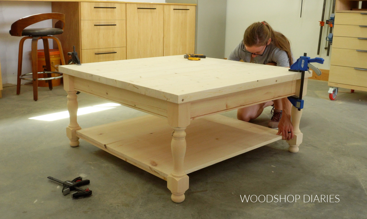 Shara Woodshop Diaries dry fitting table top and bottom shelf into coffee table base