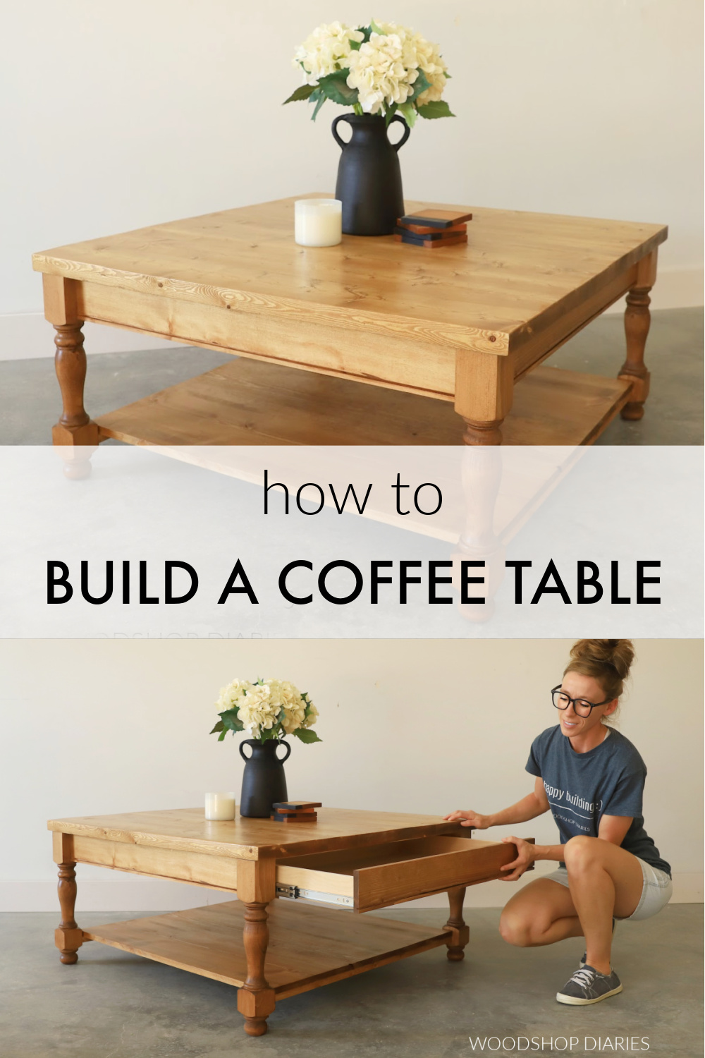 Pinterest collage image showing completed DIY coffee table at top and Shara Woodshop Diaries opening drawer of coffee table on bottom