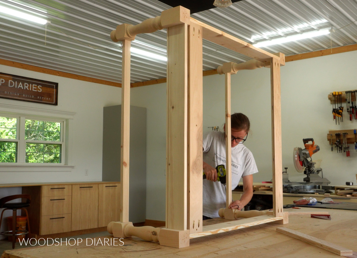Shara Woodshop Diaries assembling DIY coffee table base with bottom supports