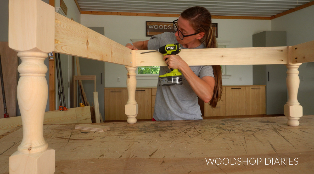 Shara Woodshop Diaries securing table aprons between turned legs to make DIY coffee table base
