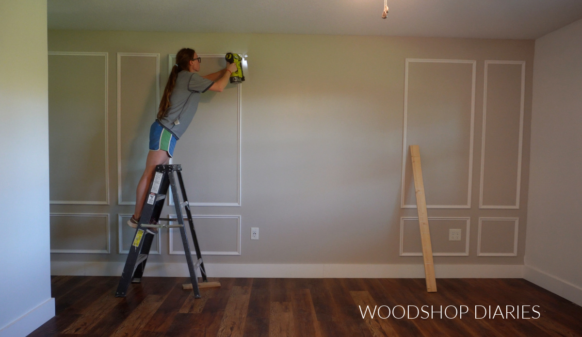 Shara Woodshop Diaries installing base cap molding for picture frame detail on bedroom wall