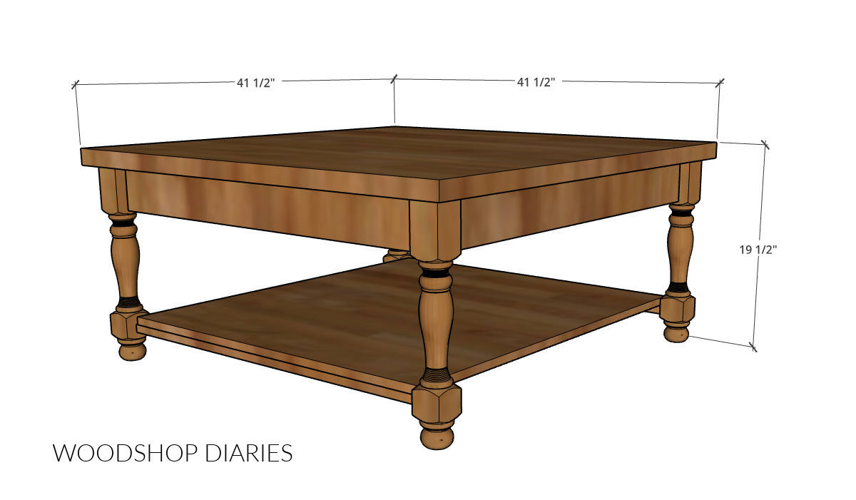 Overall dimensional diagram of square DIY coffee table with drawer