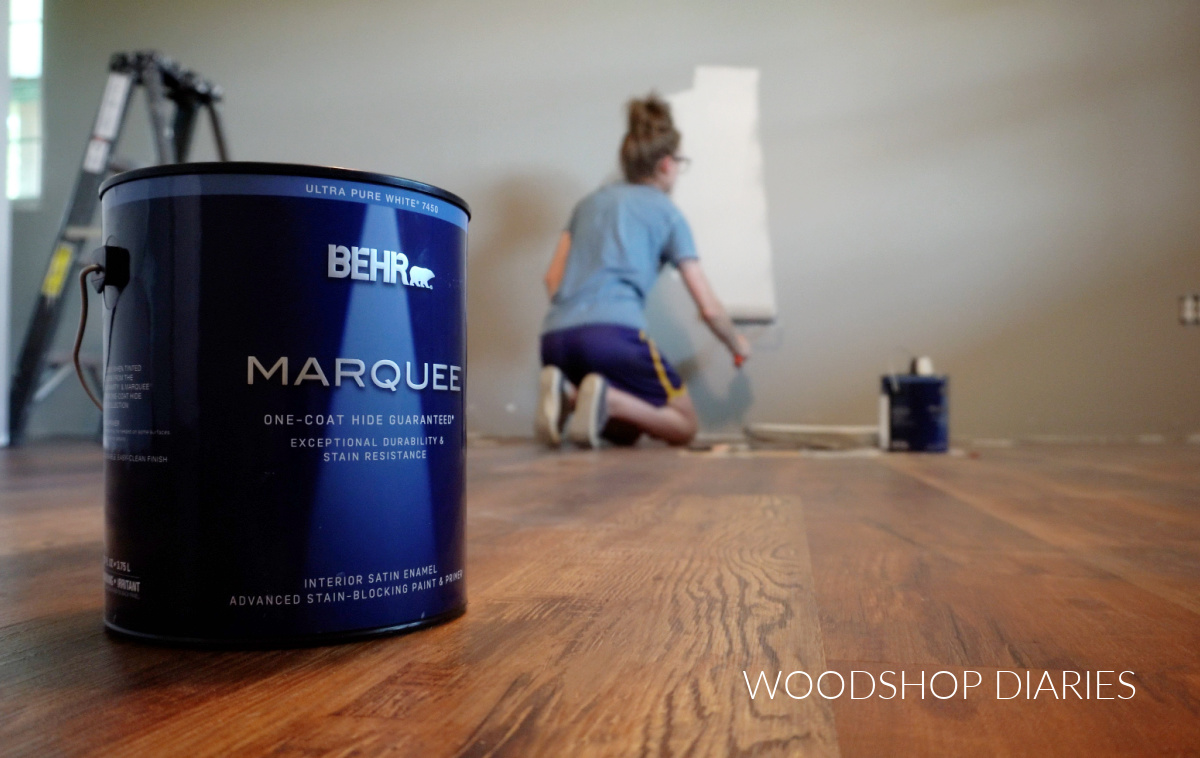 Shara Woodshop Diaries painting bedroom wall BEHR Wheat Bread with BEHR Marquee paint can up close