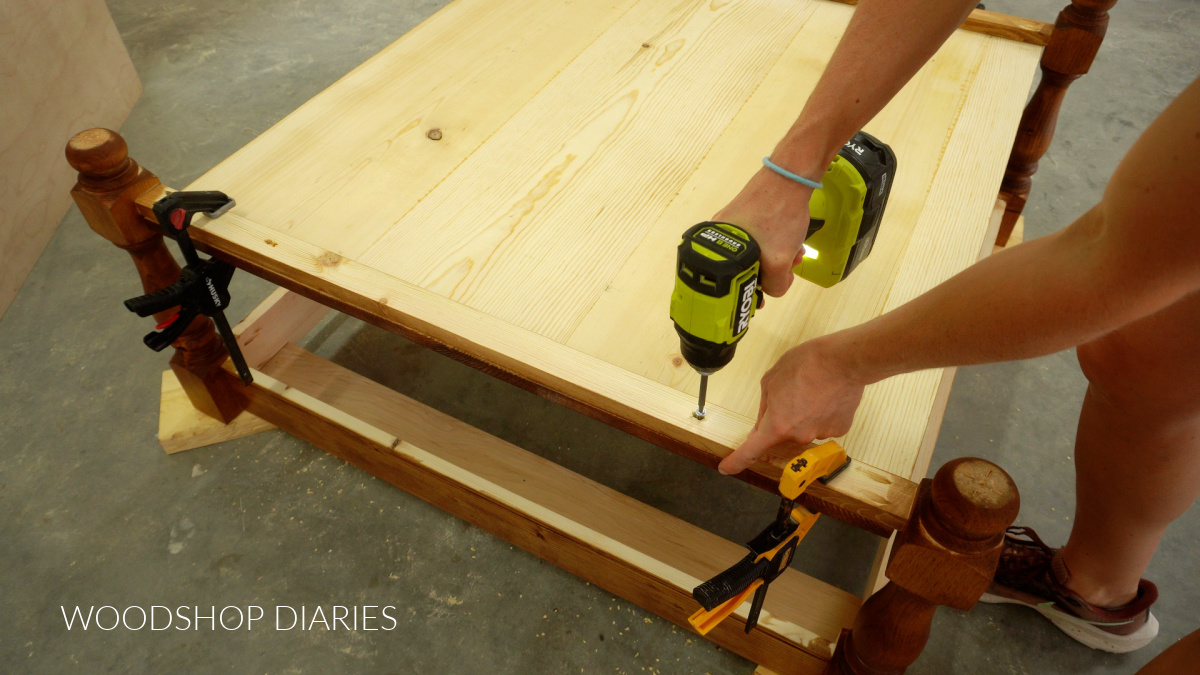 Using screws to secure bottom shelf of coffee table