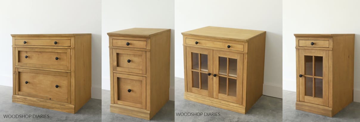 Collage image showing all four modular base cabinet options side by side: 3 drawer (narrow and wide) and glass door (narrow and wide) cabinets
