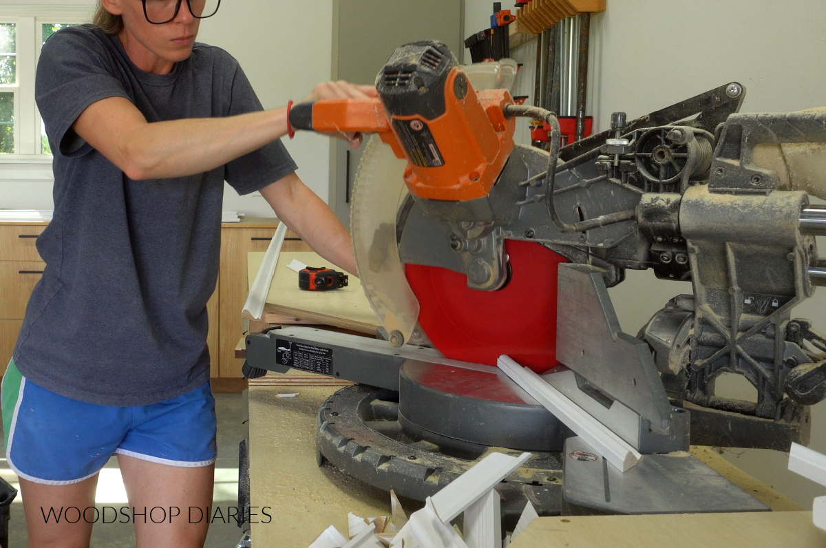 Shara Woodshop Diaries cutting picture frame molding on miter saw