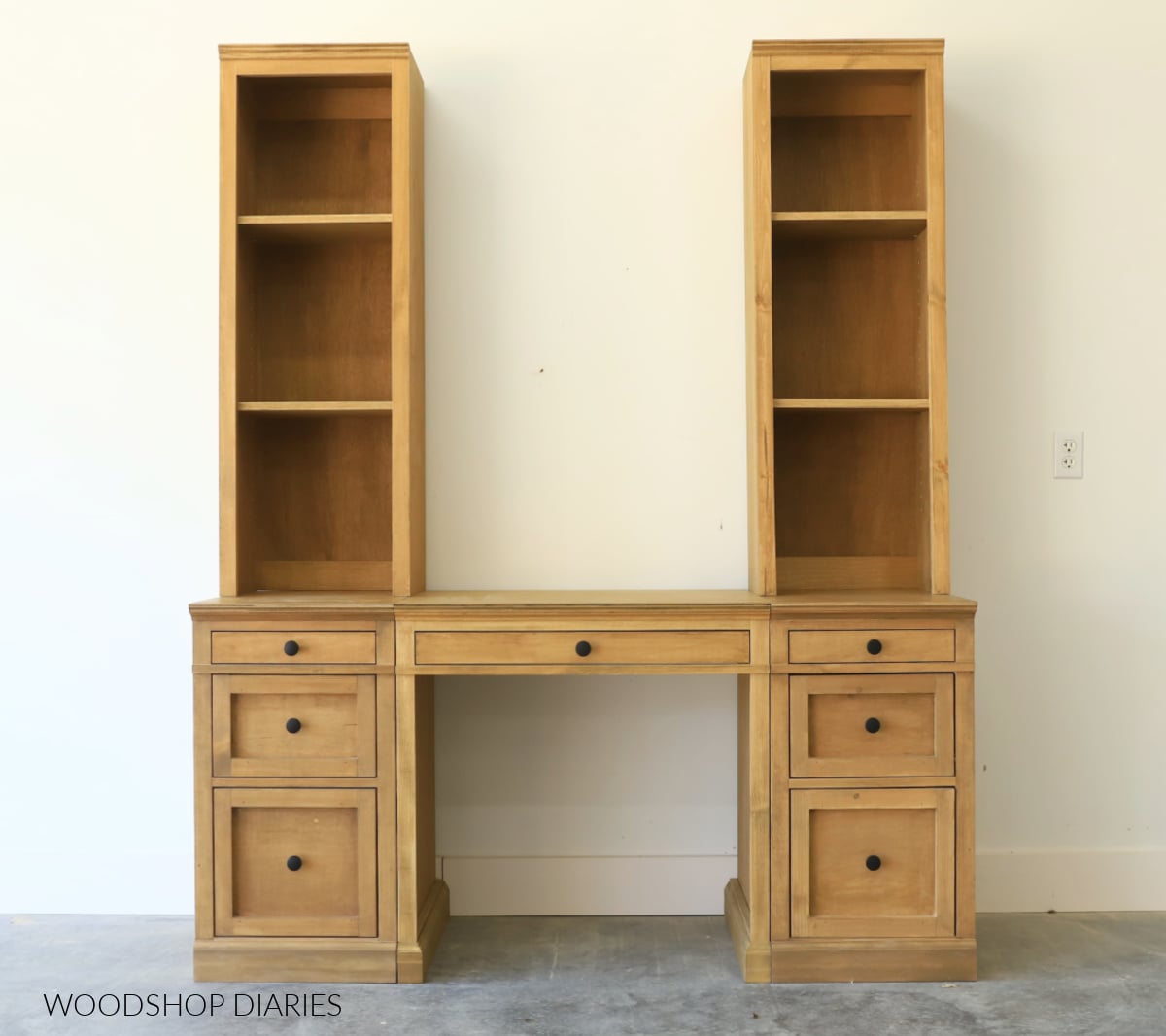 DIY modular desk with modular drawer cabinets and hutch on each side