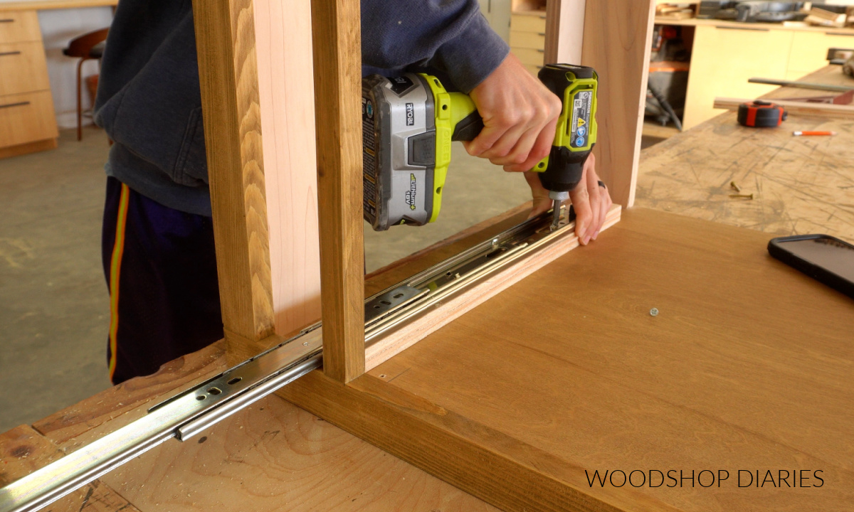 Shara Woodshop Diaries screwing drawer slides into writing desk frame