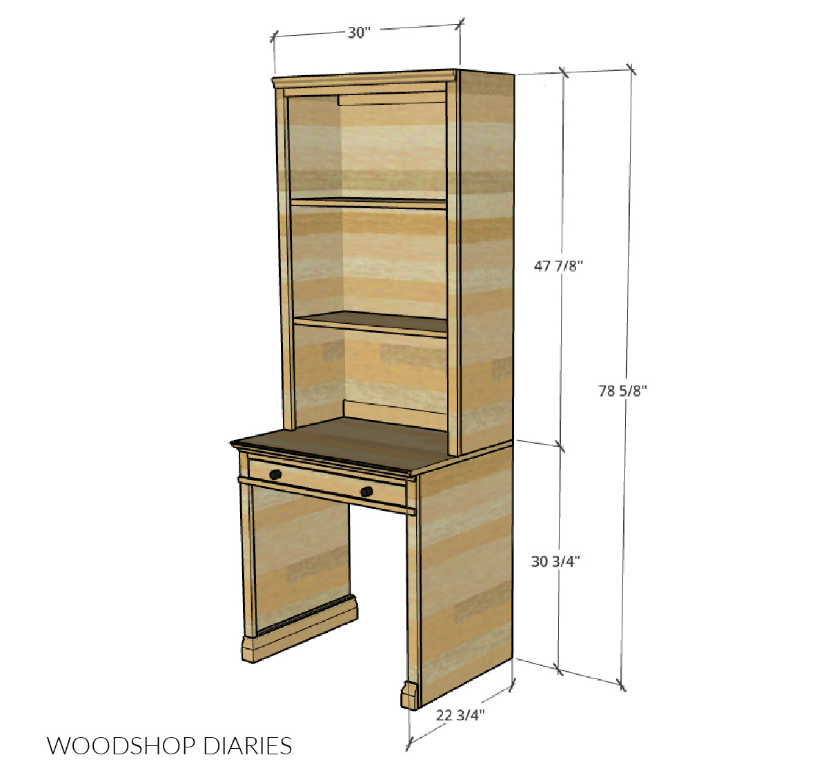 Dimensional diagram showing overall dimensions of DIY desk with bookcase hutch