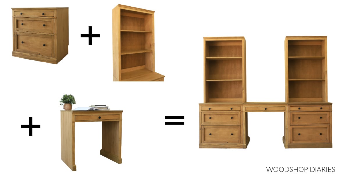 Diagram showing modular base cabinet + modular hutch cabinet + desk = custom desk built in with storage