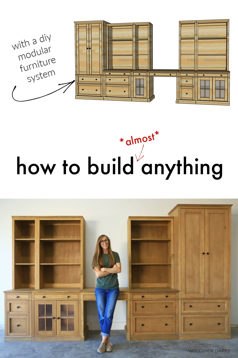 Pinterest collage image showing diagram of all modular system pieces at top with Shara Woodshop Diaries standing in front of office built ins on bottom with text "how to build almost anything"