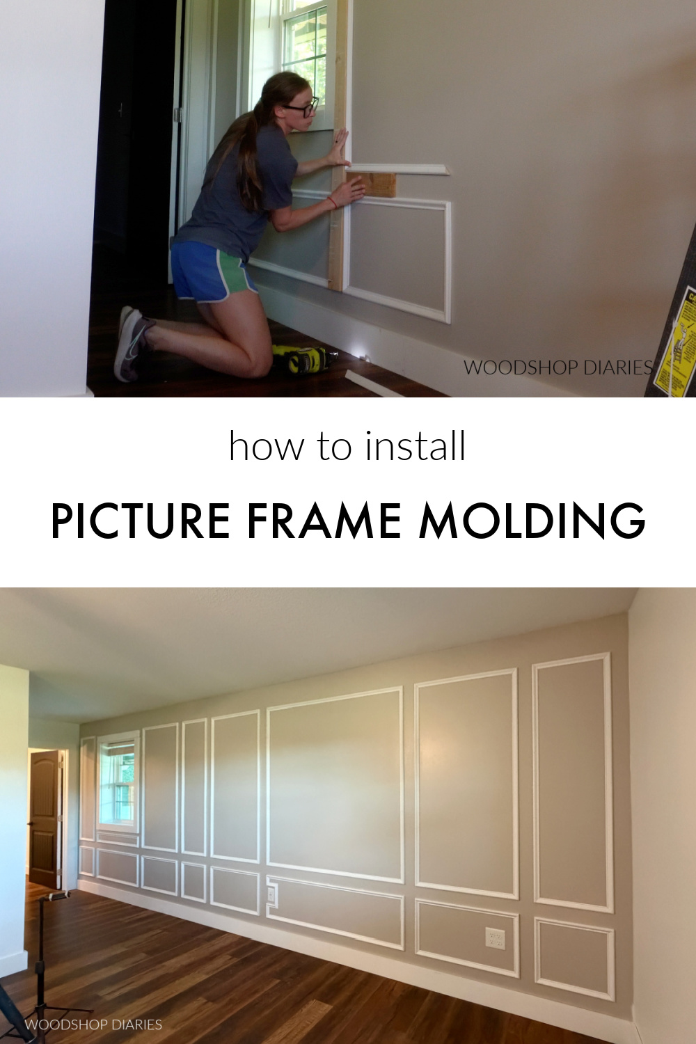 Pinterest collage image showing how to install picture frame molding