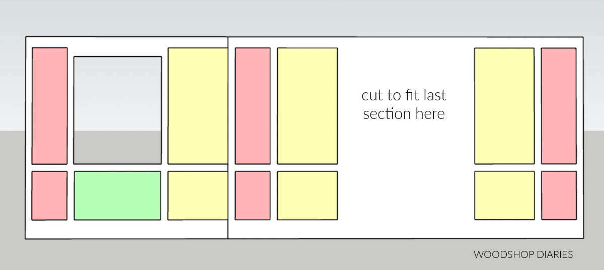 Bedroom accent wall picture frame molding layout diagram with color coded box frames